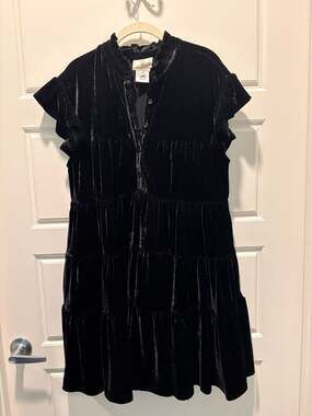 Muchette Black Velvet Tiered Ruffle Mini Dress